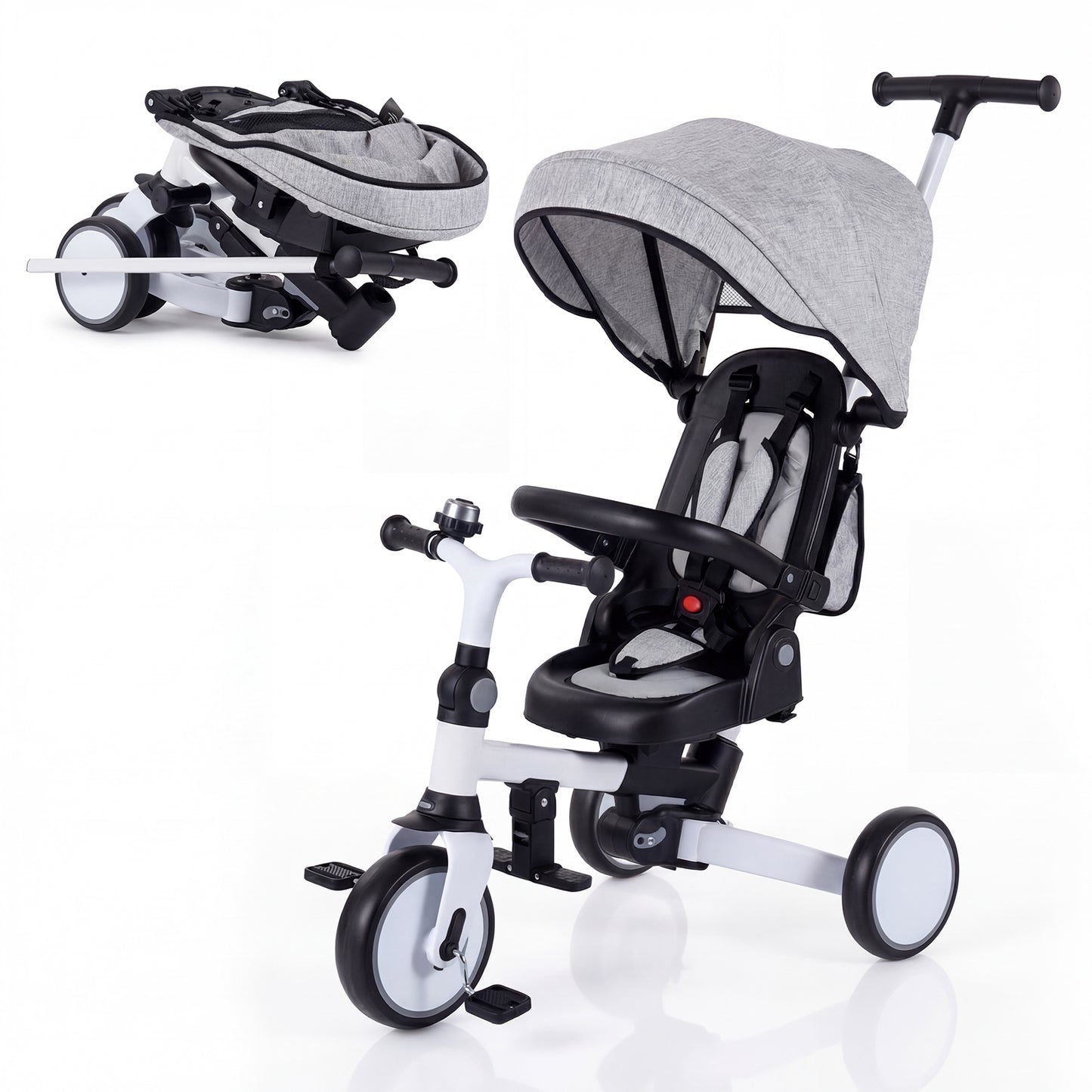 8-in-1 Folding Kids Tricycle with Removable Canopy and Push Handle, Gray Baby Strollers Gray at Gallery Canada