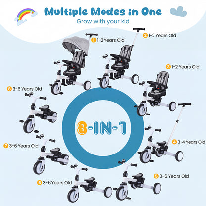 8-in-1 Folding Kids Tricycle with Removable Canopy and Push Handle, Gray Baby Strollers at Gallery Canada