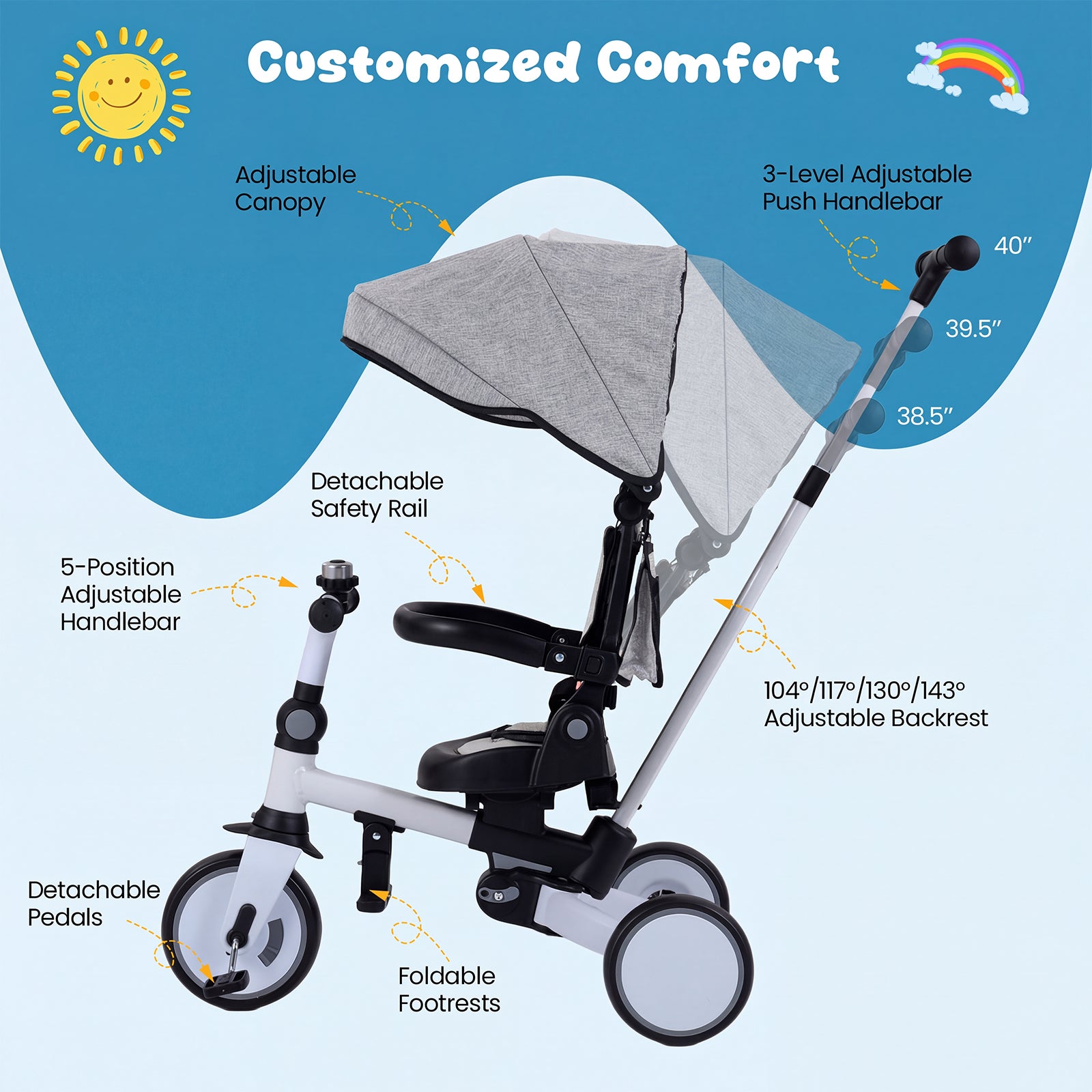 8-in-1 Folding Kids Tricycle with Removable Canopy and Push Handle, Gray Baby Strollers at Gallery Canada