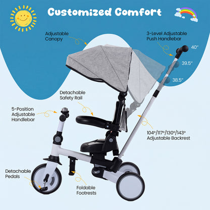 8-in-1 Folding Kids Tricycle with Removable Canopy and Push Handle, Gray Baby Strollers at Gallery Canada
