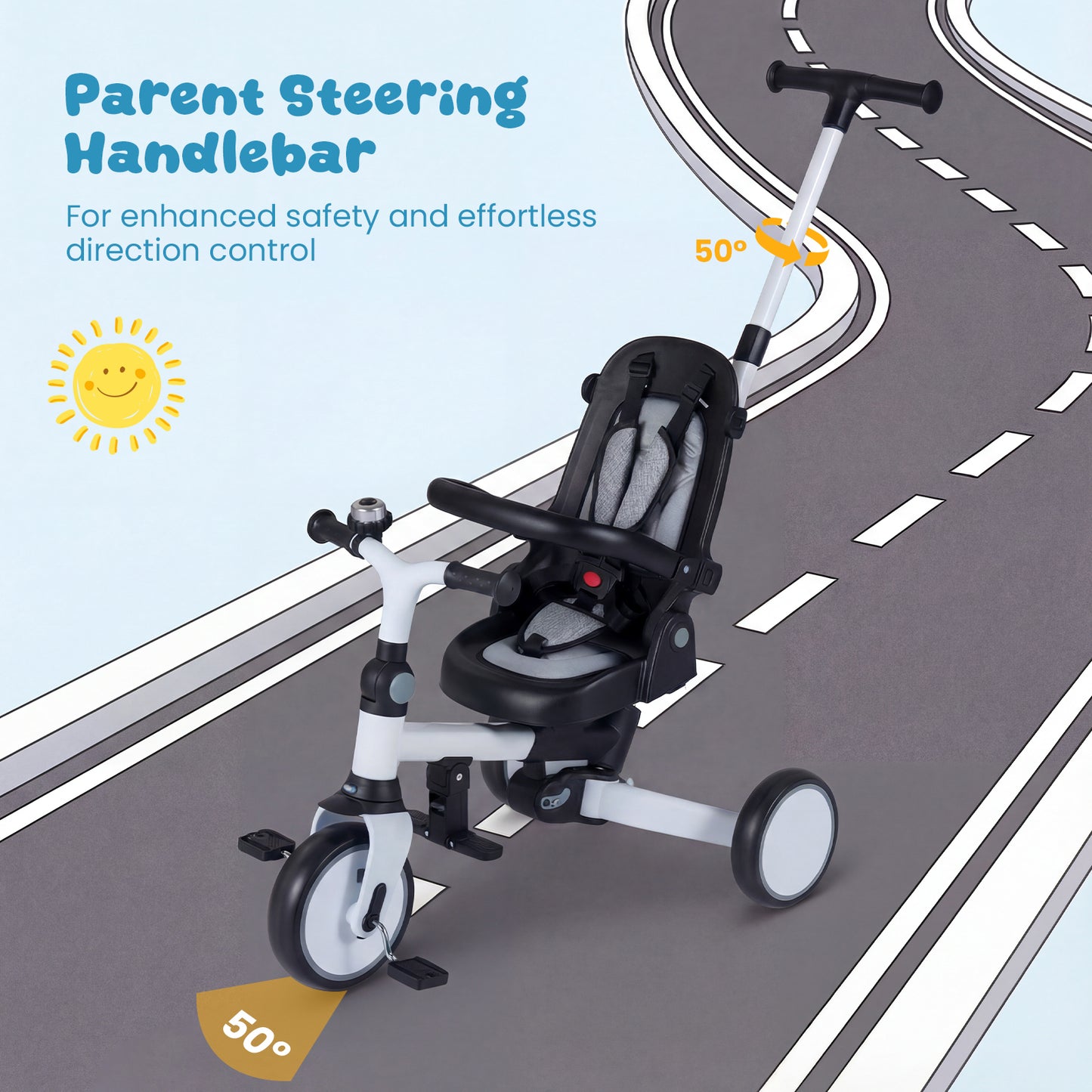 8-in-1 Folding Kids Tricycle with Removable Canopy and Push Handle, Gray Baby Strollers at Gallery Canada