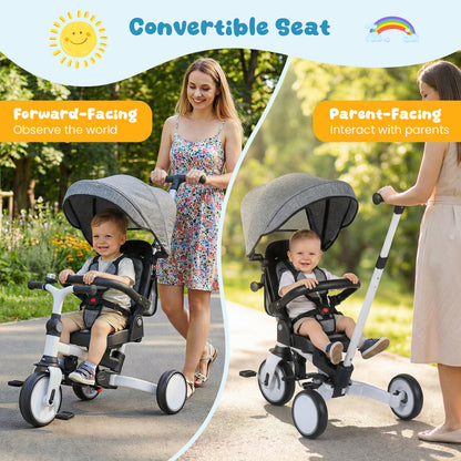 8-in-1 Folding Kids Tricycle with Removable Canopy and Push Handle, Gray Baby Strollers at Gallery Canada