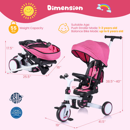 8-in-1 Folding Kids Tricycle with Removable Canopy and Push Handle, Pink Baby Strollers at Gallery Canada