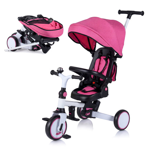 8-in-1 Folding Kids Tricycle with Removable Canopy and Push Handle, Pink