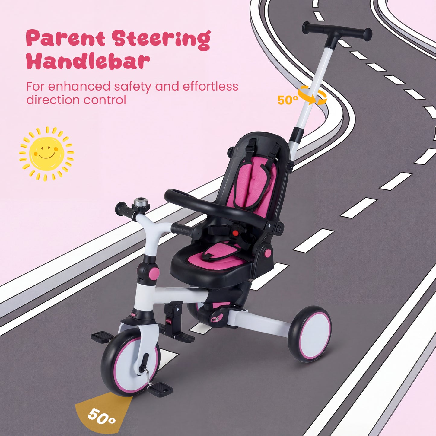 8-in-1 Folding Kids Tricycle with Removable Canopy and Push Handle, Pink Baby Strollers at Gallery Canada