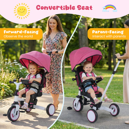 8-in-1 Folding Kids Tricycle with Removable Canopy and Push Handle, Pink Baby Strollers at Gallery Canada