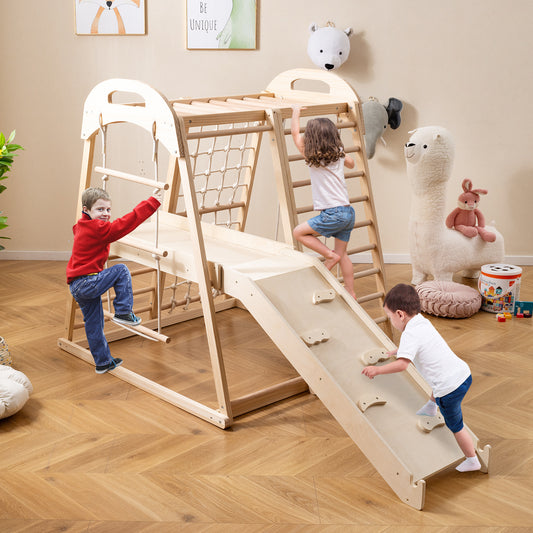 8-in-1 Jungle Gym Wooden Montessori Climber Playset with Slide and Monkey Bar for Kids 3-5 Years Old, Natural