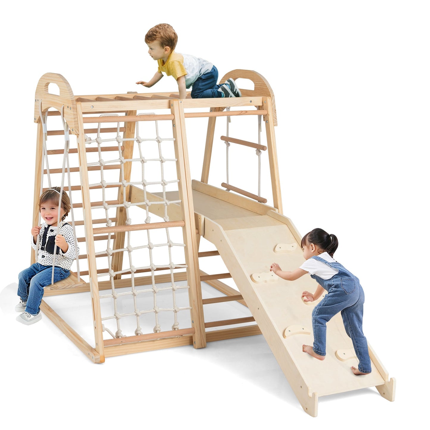 8-in-1 Jungle Gym Wooden Montessori Climber Playset with Slide and Monkey Bar for Kids 3-5 Years Old, Natural Climbers & Slides Natural at Gallery Canada