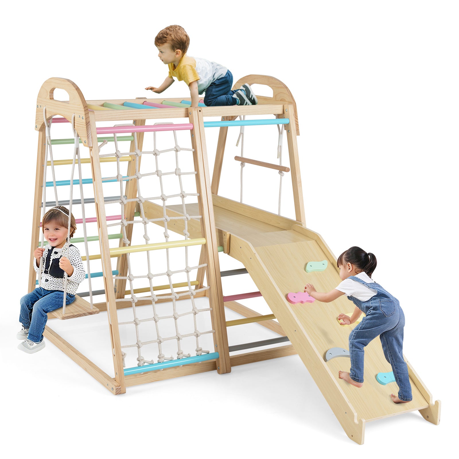 8-in-1 Jungle Gym Wooden Montessori Climber Playset with Slide and Monkey Bar for Kids 3-5 Years Old, Multicolor Climbers & Slides Multicolor at Gallery Canada