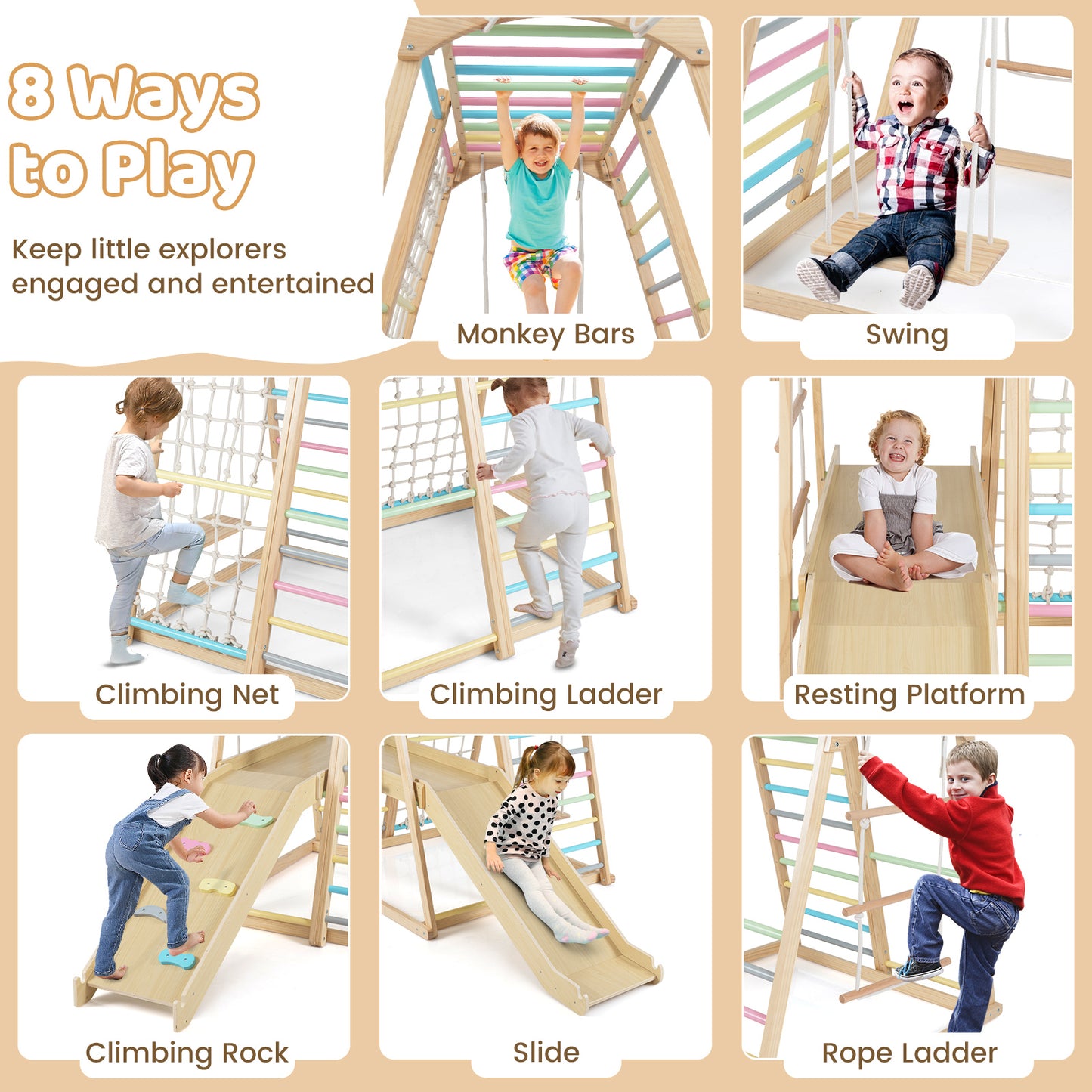 8-in-1 Jungle Gym Wooden Montessori Climber Playset with Slide and Monkey Bar for Kids 3-5 Years Old, Multicolor Climbers & Slides at Gallery Canada