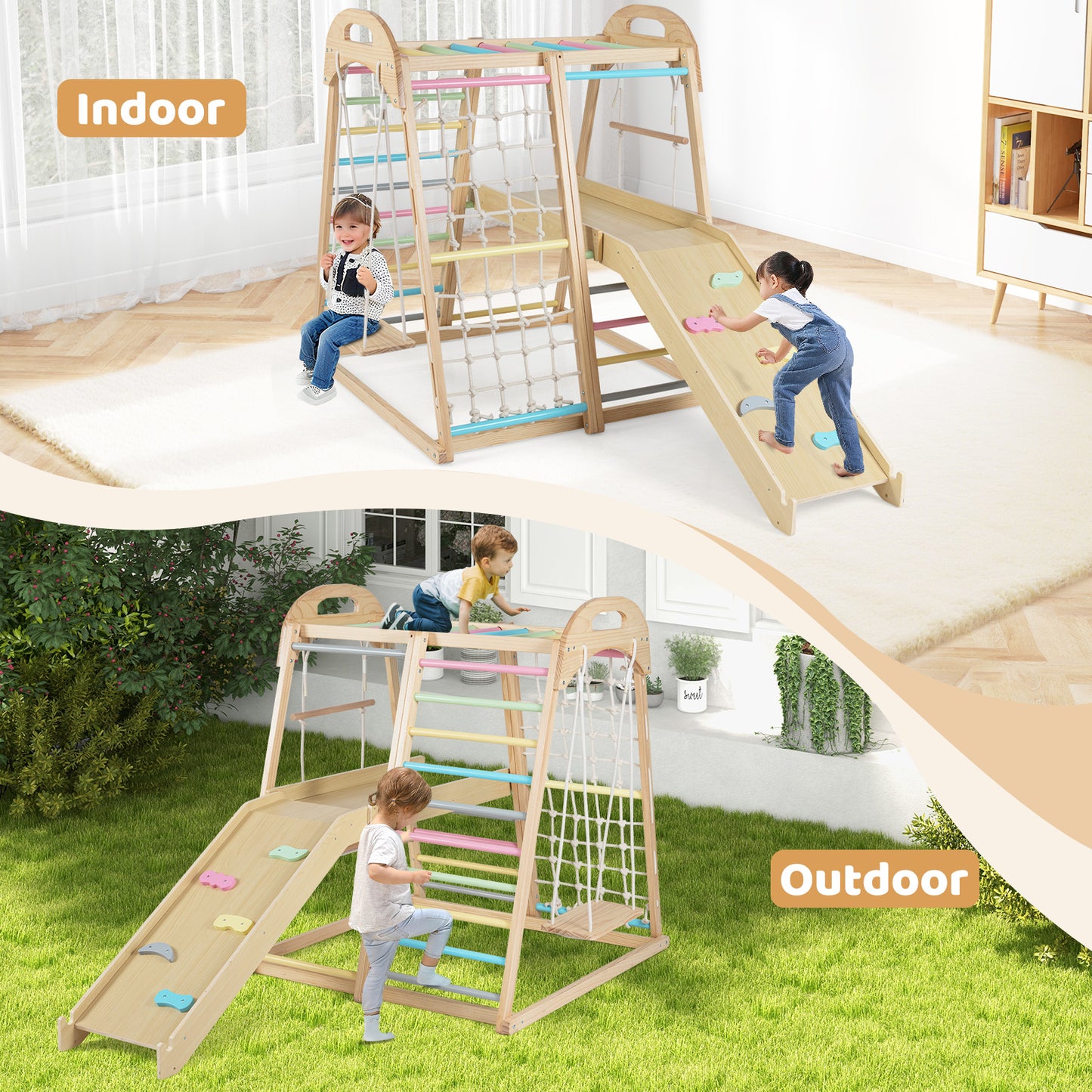 8-in-1 Jungle Gym Wooden Montessori Climber Playset with Slide and Monkey Bar for Kids 3-5 Years Old, Multicolor Climbers & Slides at Gallery Canada