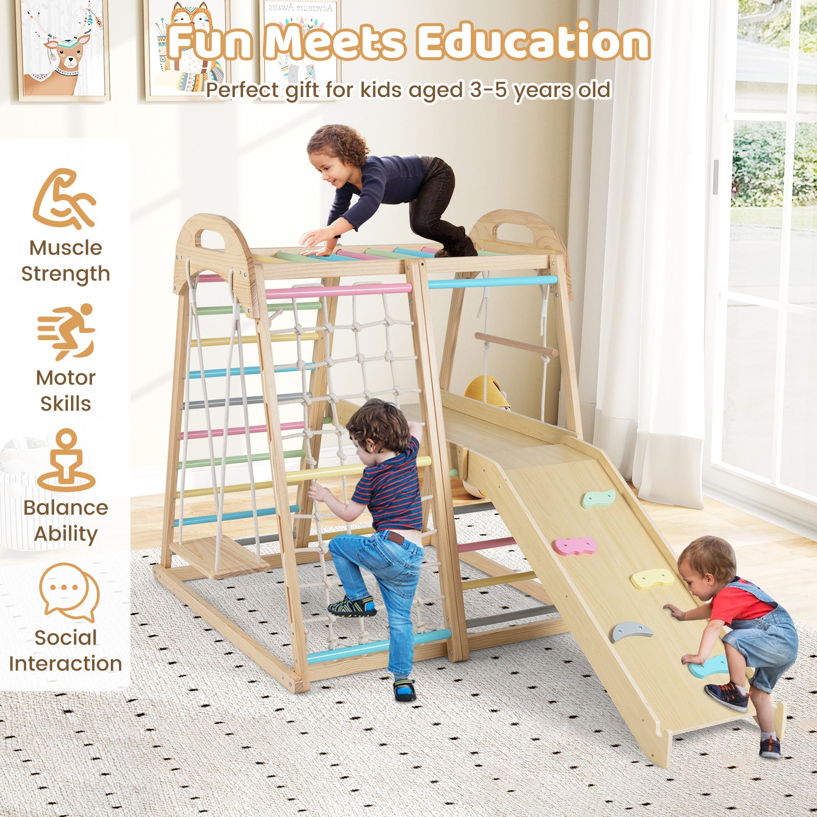8-in-1 Jungle Gym Wooden Montessori Climber Playset with Slide and Monkey Bar for Kids 3-5 Years Old, Multicolor Climbers & Slides at Gallery Canada