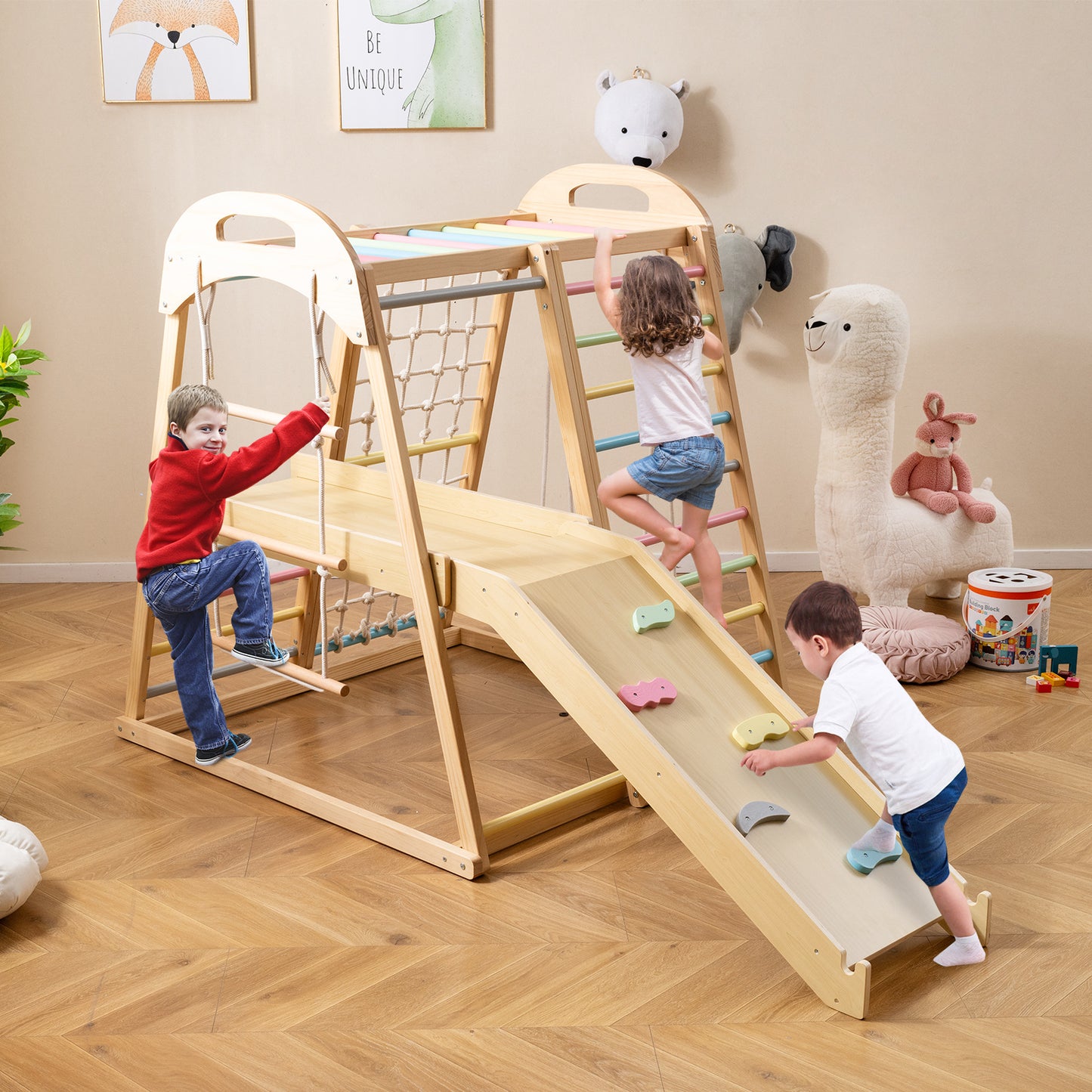 8-in-1 Jungle Gym Wooden Montessori Climber Playset with Slide and Monkey Bar for Kids 3-5 Years Old, Multicolor Climbers & Slides at Gallery Canada