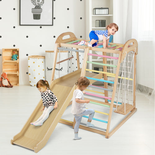8-in-1 Jungle Gym Wooden Montessori Climber Playset with Slide and Monkey Bar for Kids 3-5 Years Old, Multicolor