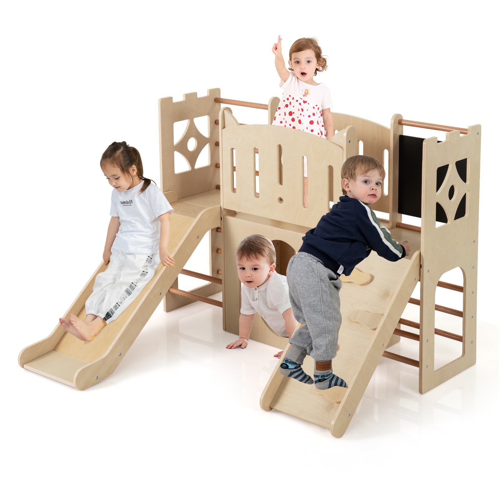 8-in-1 Toddler Slide Wooden Indoor Playground with Climber and Chalkboard, Natural Climbers & Slides at Gallery Canada