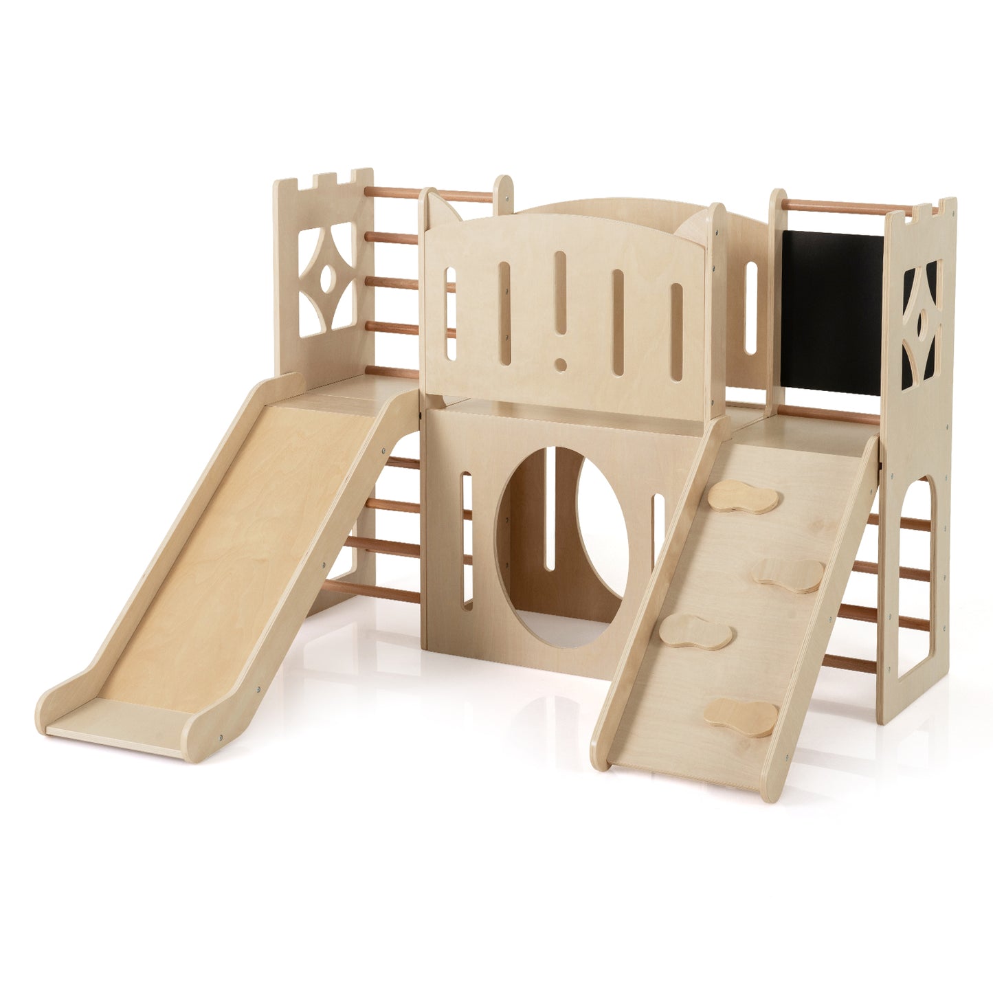 8-in-1 Toddler Slide Wooden Indoor Playground with Climber and Chalkboard, Natural Climbers & Slides at Gallery Canada