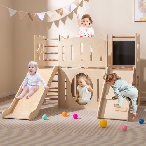 8-in-1 Toddler Slide Wooden Indoor Playground with Climber and Chalkboard, Natural