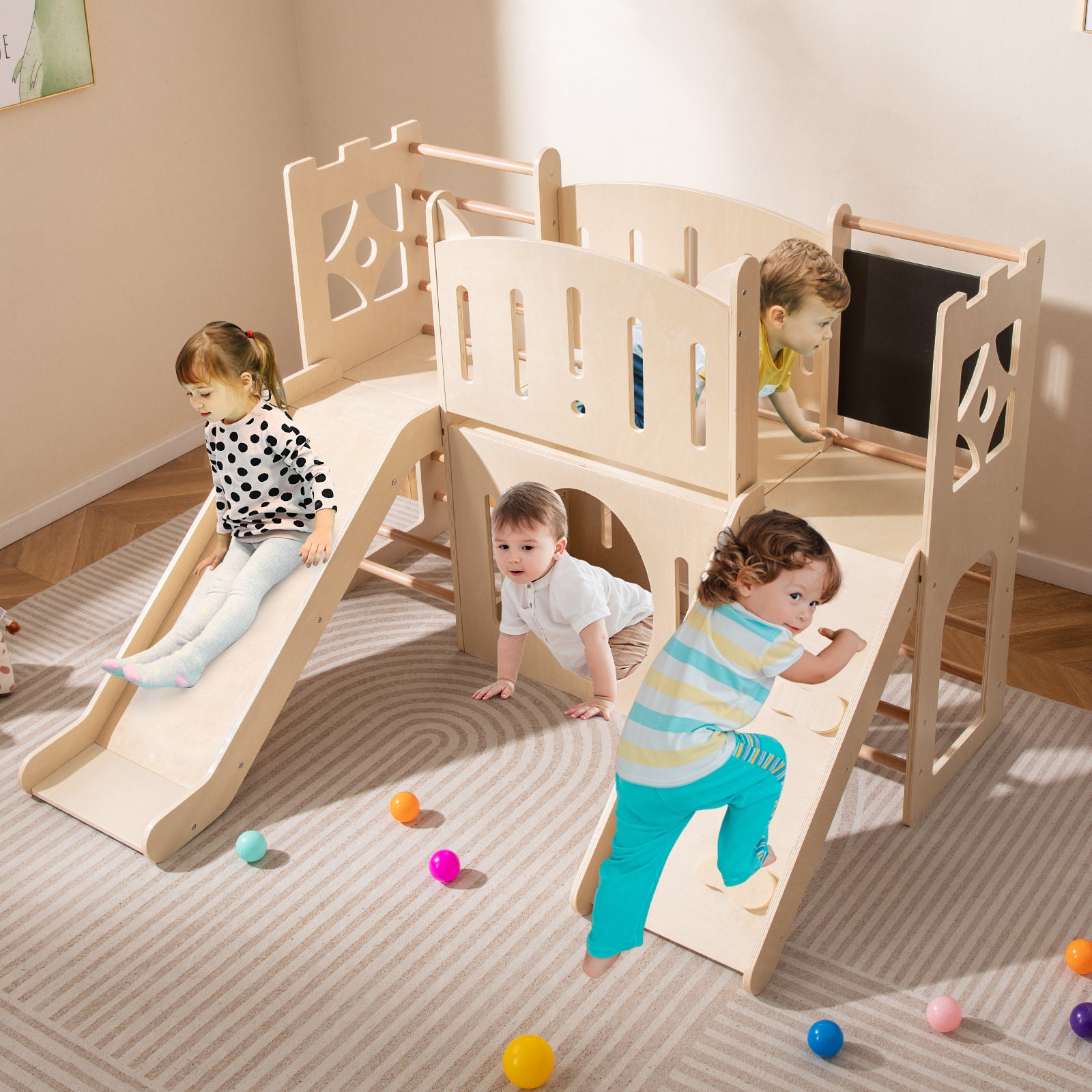 8-in-1 Toddler Slide Wooden Indoor Playground with Climber and Chalkboard, Natural Climbers & Slides at Gallery Canada