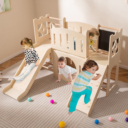 8-in-1 Toddler Slide Wooden Indoor Playground with Climber and Chalkboard, Natural Climbers & Slides at Gallery Canada