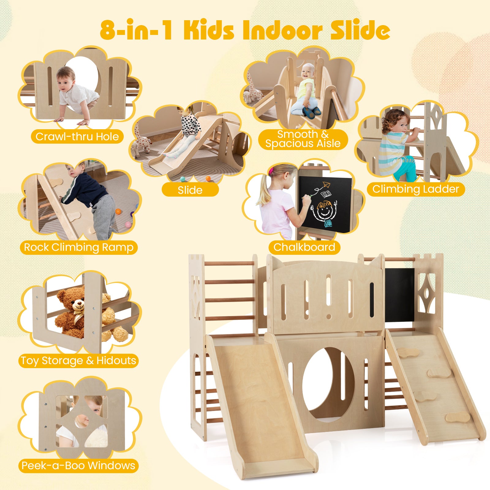 8-in-1 Toddler Slide Wooden Indoor Playground with Climber and Chalkboard, Natural Climbers & Slides at Gallery Canada