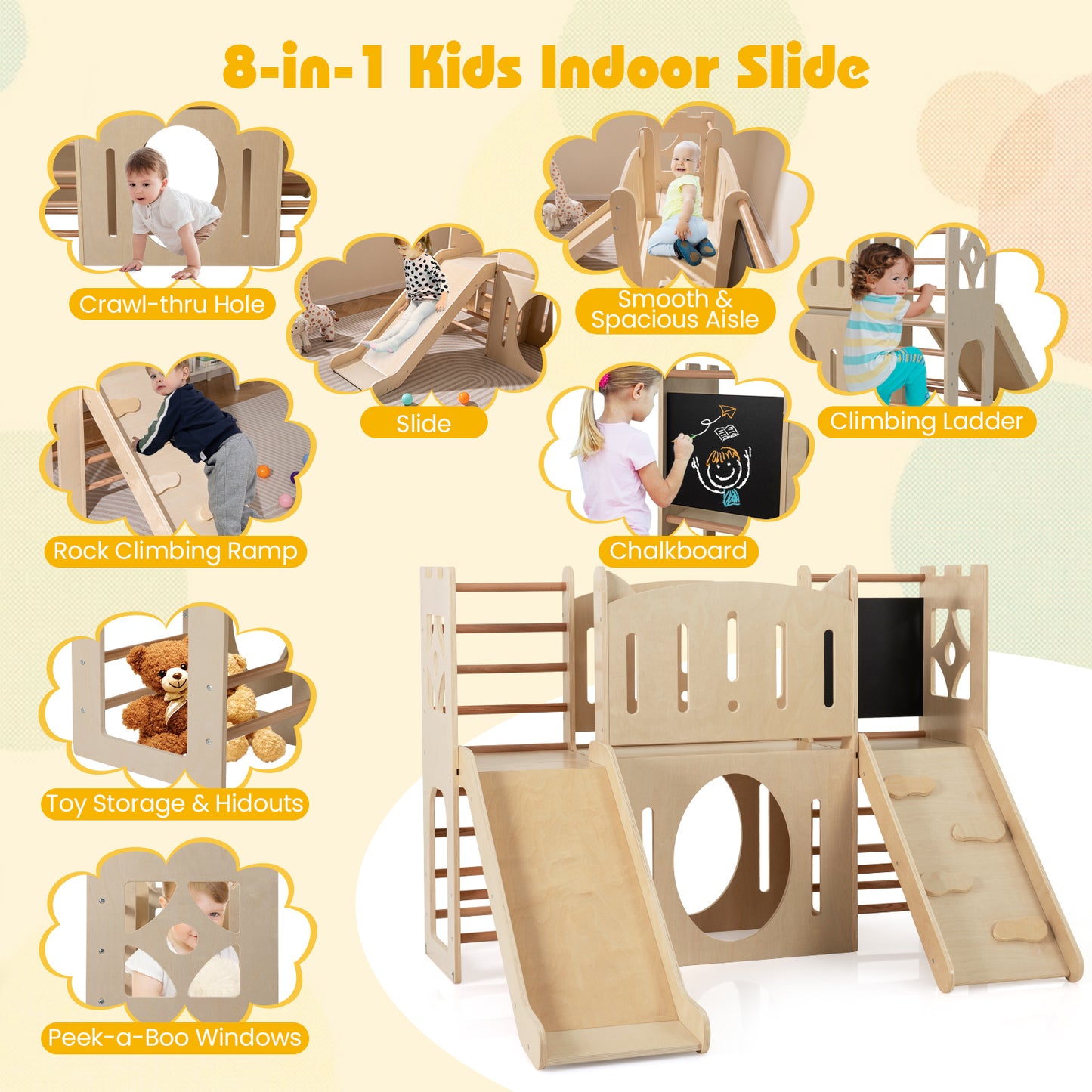 8-in-1 Toddler Slide Wooden Indoor Playground with Climber and Chalkboard, Natural Climbers & Slides at Gallery Canada