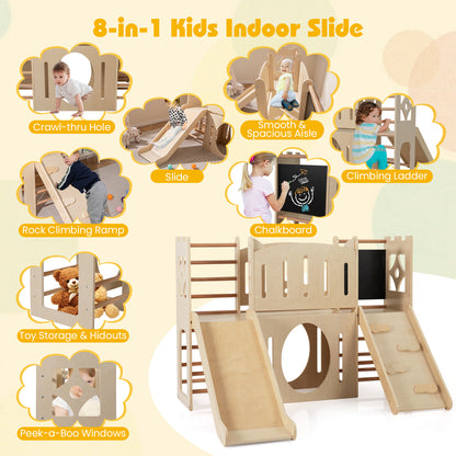 8-in-1 Toddler Slide Wooden Indoor Playground with Climber and Chalkboard, Natural Climbers & Slides at Gallery Canada