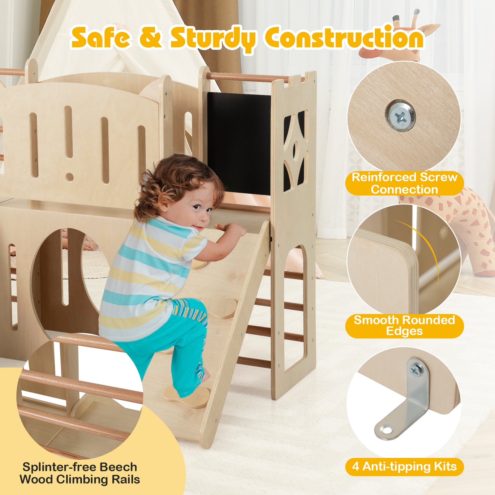 8-in-1 Toddler Slide Wooden Indoor Playground with Climber and Chalkboard, Natural Climbers & Slides at Gallery Canada