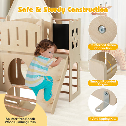 8-in-1 Toddler Slide Wooden Indoor Playground with Climber and Chalkboard, Natural Climbers & Slides at Gallery Canada