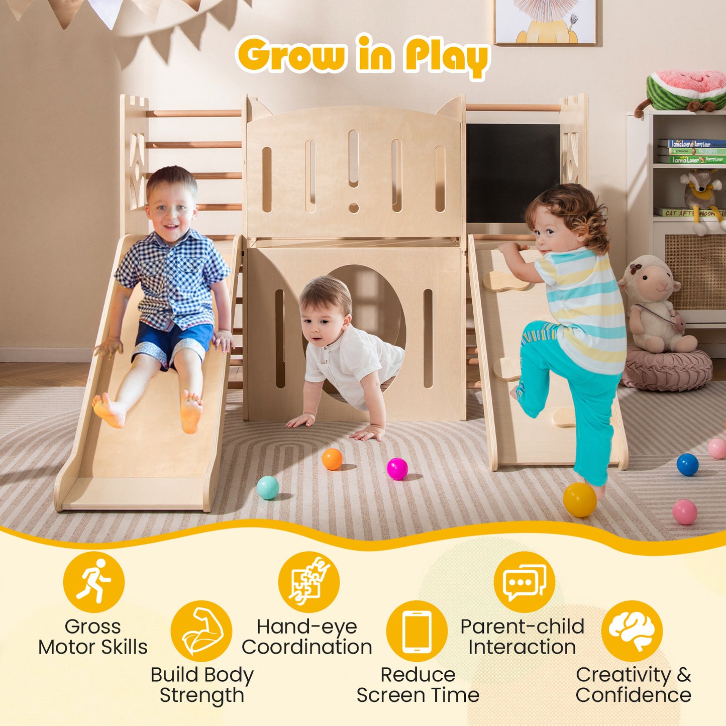 8-in-1 Toddler Slide Wooden Indoor Playground with Climber and Chalkboard, Natural Climbers & Slides at Gallery Canada