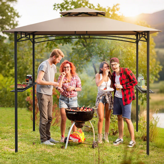8 x 5 Feet Grill Gazebo, 2 Shelves 6 Hooks, Metal Frame, Rustic Brown Gazebos Rustic Brown at Gallery Canada