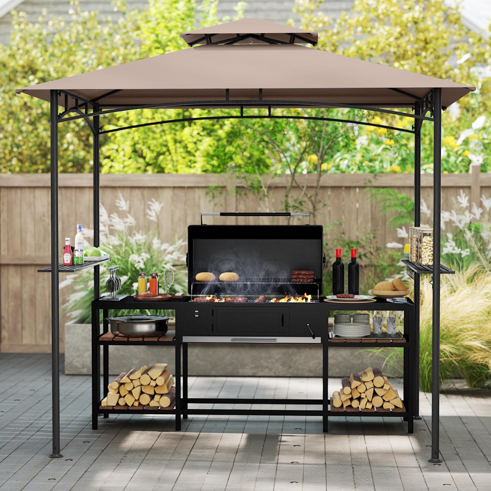 8 x 5 Feet Grill Gazebo, 2 Shelves 6 Hooks, Metal Frame, Rustic Brown Gazebos at Gallery Canada