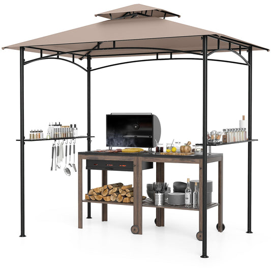 8 x 5 Feet Grill Gazebo, 2 Shelves 6 Hooks, Metal Frame, Rustic Brown Gazebos Rustic Brown at Gallery Canada