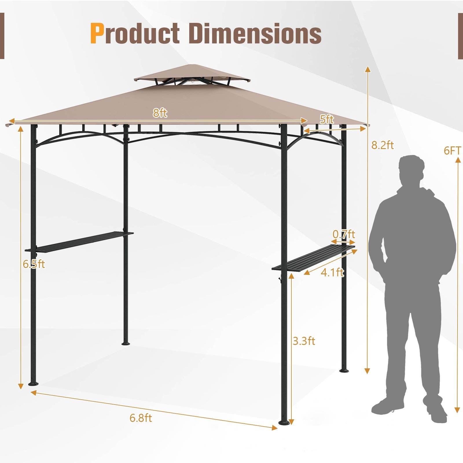 8 x 5 Feet Grill Gazebo, 2 Shelves 6 Hooks, Metal Frame, Rustic Brown Gazebos at Gallery Canada
