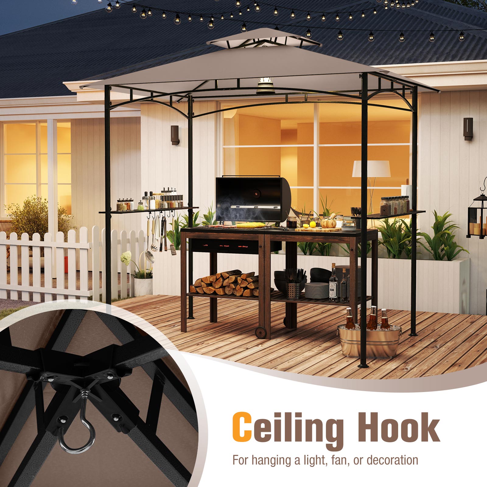 8 x 5 Feet Grill Gazebo, 2 Shelves 6 Hooks, Metal Frame, Rustic Brown Gazebos at Gallery Canada