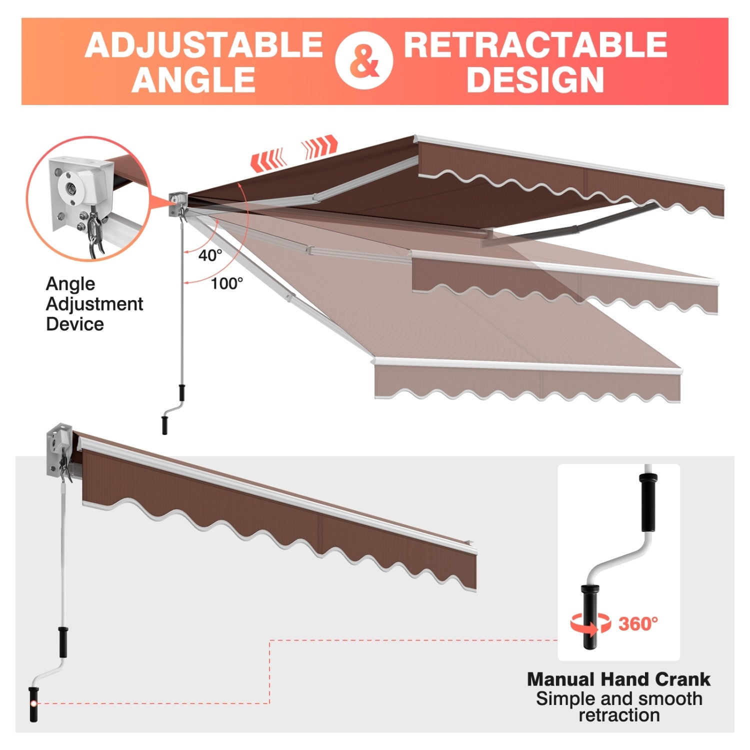 8 x 6.6 Feet Patio Retractable Awning, Manual Crank Handle, Brown Canopies at Gallery Canada