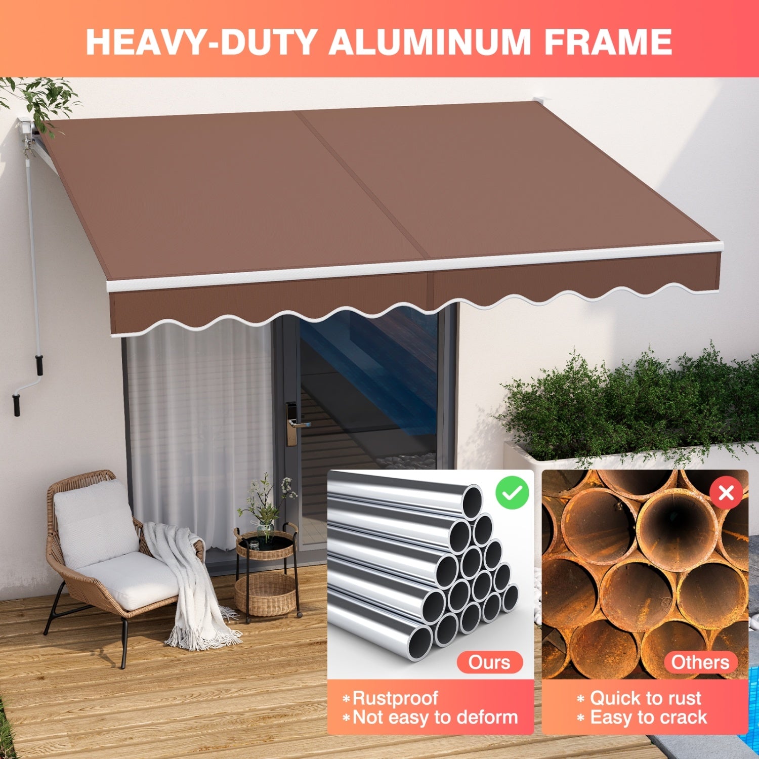 8 x 6.6 Feet Patio Retractable Awning, Manual Crank Handle, Brown Canopies at Gallery Canada