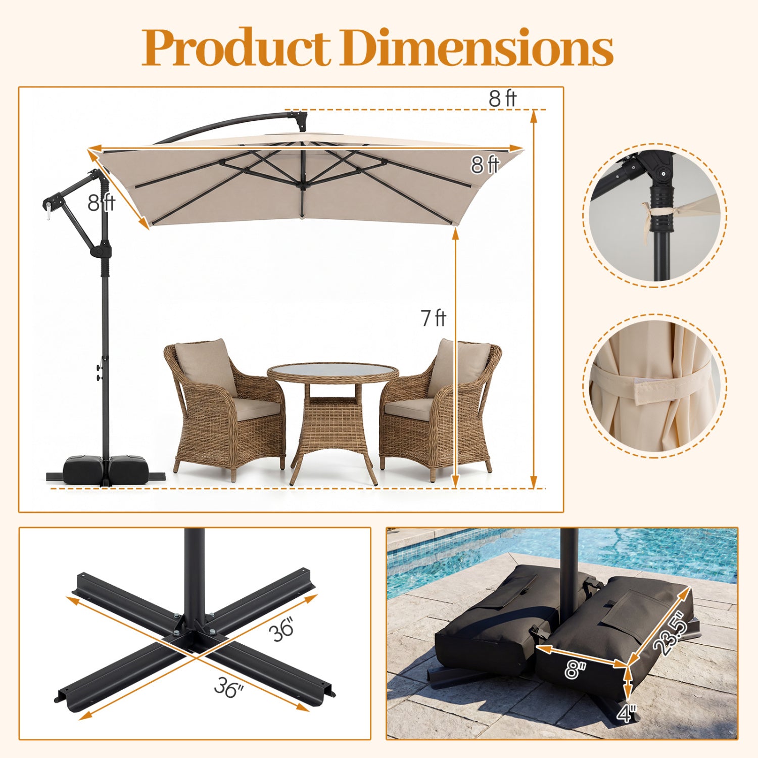 8 FT Square Cantilever Patio Umbrella, 360° Rotation, Beige Outdoor Umbrellas at Gallery Canada
