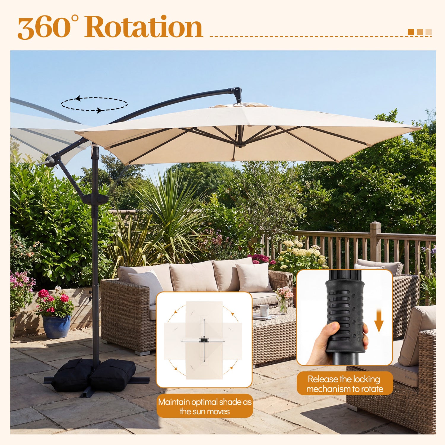 8 FT Square Cantilever Patio Umbrella, 360° Rotation, Beige Outdoor Umbrellas at Gallery Canada