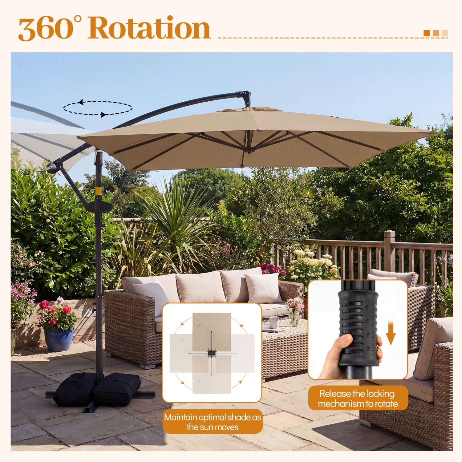 8x8 FT Offset Cantilever Patio Umbrella, Square Hanging Outdoor, Rustic Brown Outdoor Umbrellas at Gallery Canada