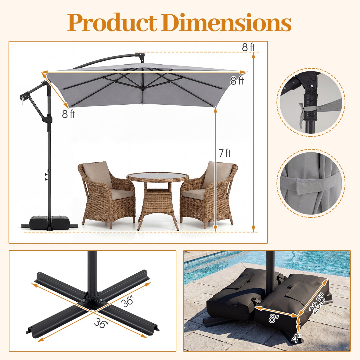 8x8 FT Offset Cantilever Patio Umbrella, 360° Rotation, Gray Outdoor Umbrellas at Gallery Canada