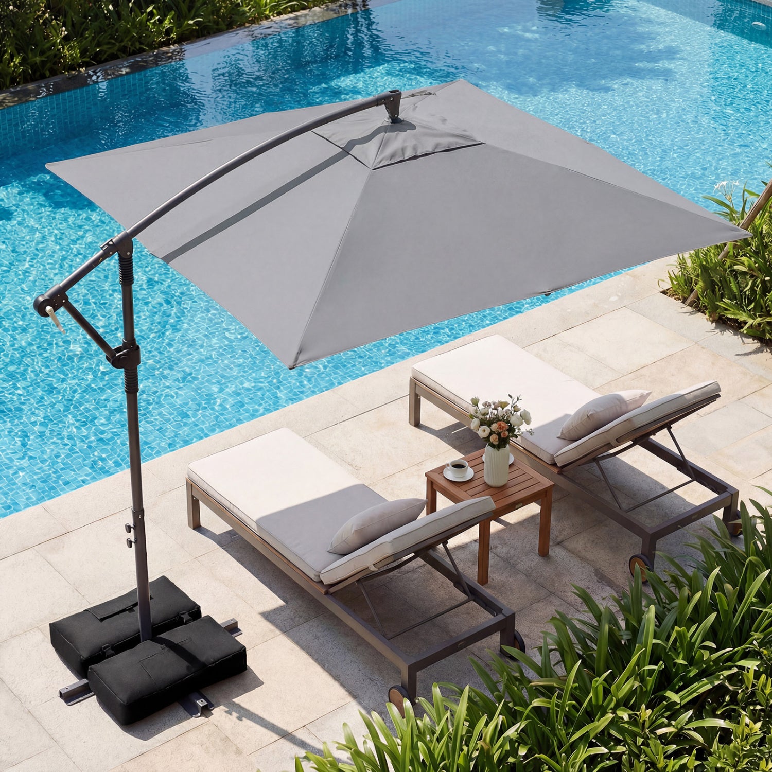 8x8 FT Offset Cantilever Patio Umbrella, 360° Rotation, Gray Outdoor Umbrellas at Gallery Canada