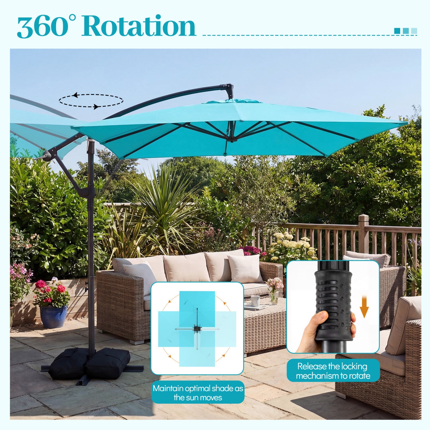 8 x 8 FT Offset Cantilever Patio Umbrella, 360° Rotation, Turquoise Outdoor Umbrellas at Gallery Canada