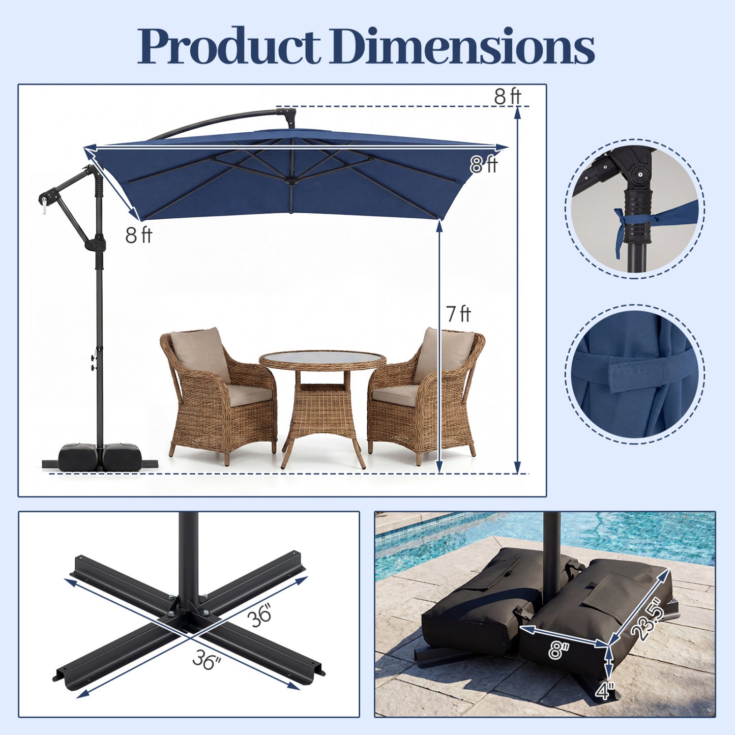 8x8 FT Square Offset Cantilever Patio Umbrella, 360° Rotation, Navy Outdoor Umbrellas at Gallery Canada