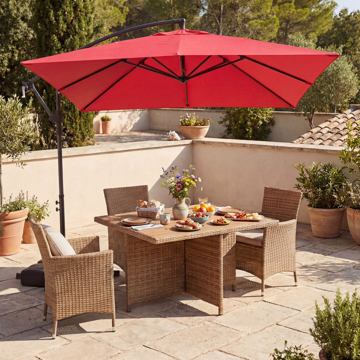 8 FT Square Cantilever Patio Umbrella, 360° Rotation, Red Outdoor Umbrellas at Gallery Canada