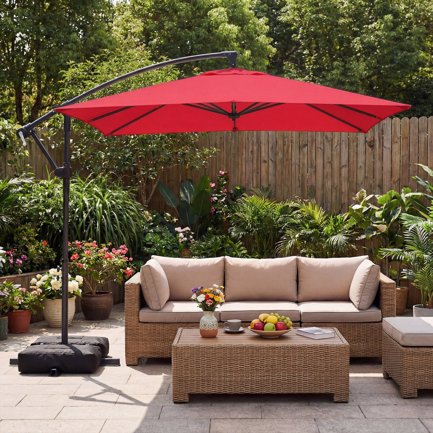 8 FT Square Cantilever Patio Umbrella, 360° Rotation, Red Outdoor Umbrellas at Gallery Canada