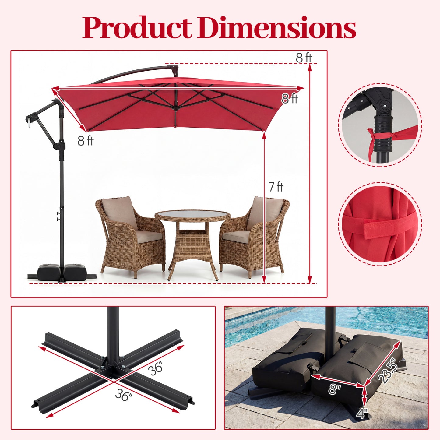 8 FT Square Cantilever Patio Umbrella, 360° Rotation, Red Outdoor Umbrellas at Gallery Canada