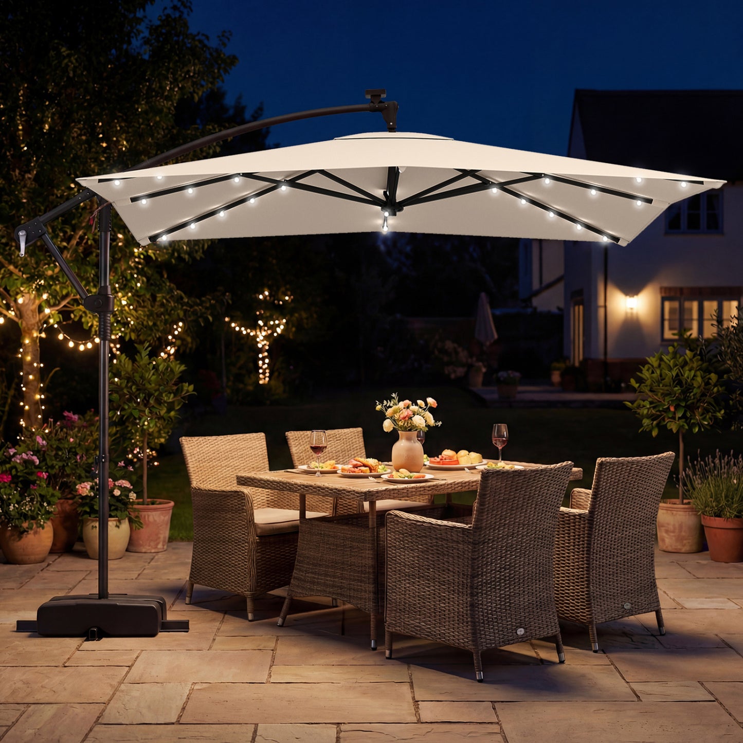 8x8 FT Solar LED Cantilever Patio Umbrella, 360° Rotation, Beige Outdoor Umbrellas at Gallery Canada