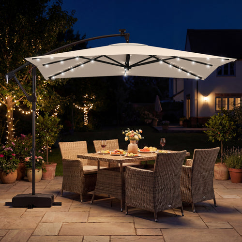8x8 FT Solar LED Cantilever Patio Umbrella, 360° Rotation, Beige