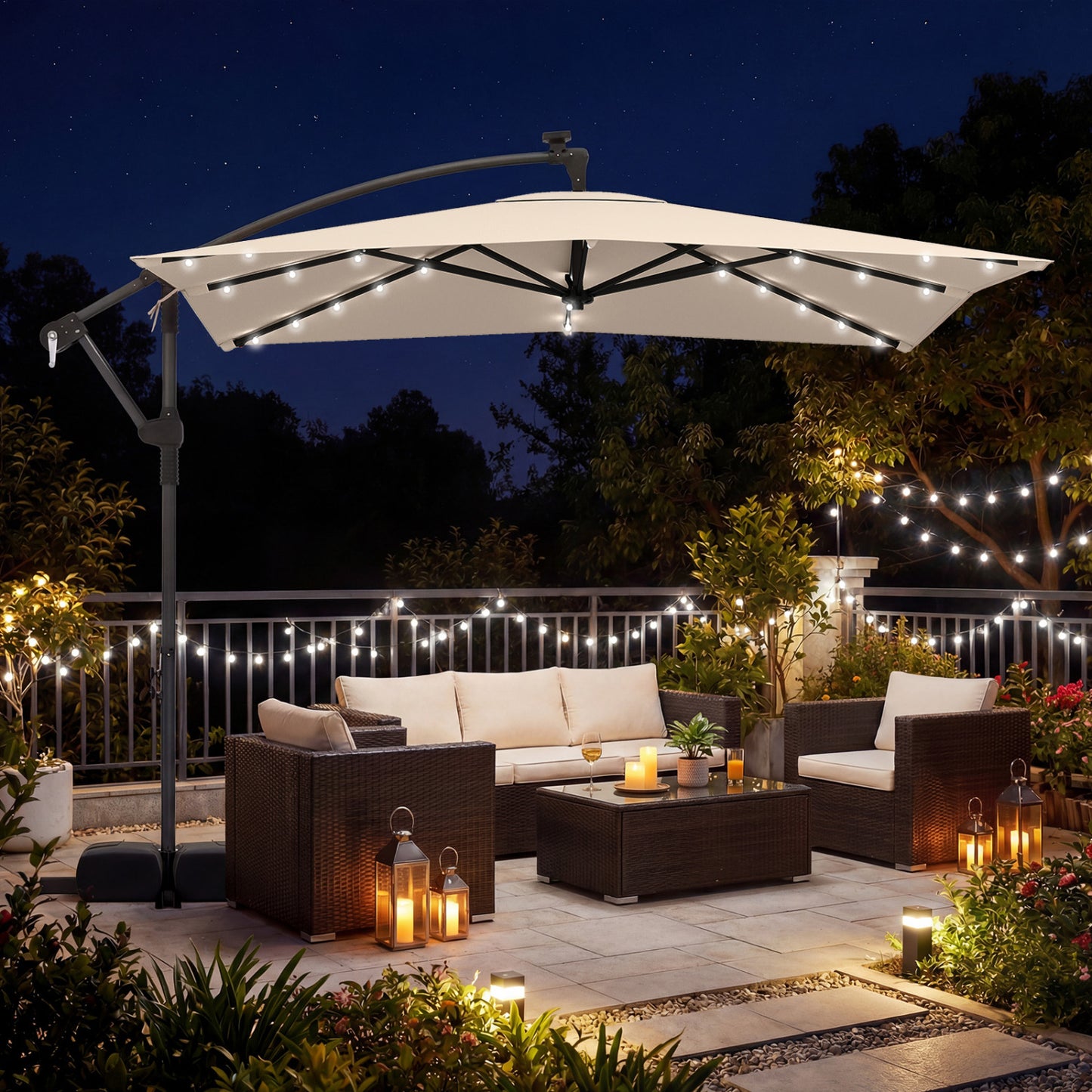 8x8 FT Solar LED Cantilever Patio Umbrella, 360° Rotation, Beige Outdoor Umbrellas at Gallery Canada