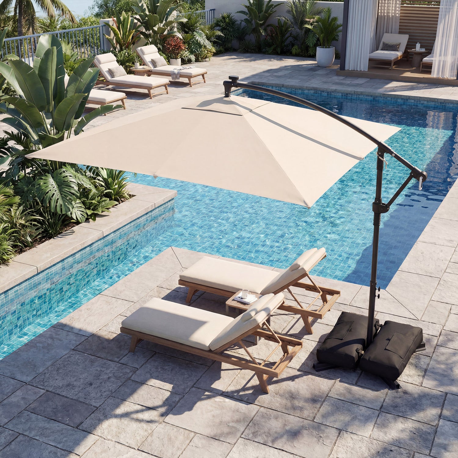 8x8 FT Solar LED Cantilever Patio Umbrella, 360° Rotation, Beige Outdoor Umbrellas at Gallery Canada